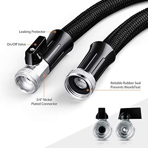 HooSeen Expandable Garden Hose, 50ft Flexible Kink-Free Water Hose with Double Latex Core, 3/4" Solid Nickel Plating Fitting and Shut Off Valve (50FT, Black) (Renewed)