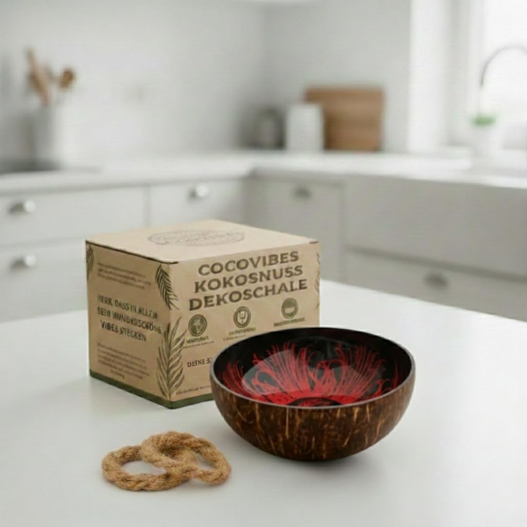 cocovibes Coconut Bowl with Anti-Tilt Ring - Can be Used as Decorative Bowl, Key Tray, Jewellery Bowl - Red Black, 13 cm (RUBY-1)