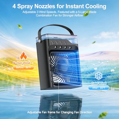 Portable air Conditioners, Personal Cooling Fan with 120° Oscillation, 3 Wind Speed & 4 Sprays, 2/4/6/8H Timer, Multi-Color Light, 3 in 1 Desktop Mini AC Unit for Car, Bedroom and Camping(Black)
