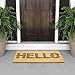 mDesign Rectangular Coir and Rubber Entryway Welcome Doormat with Natural Fibers for Indoor or Outdoor Use - Decorative Script Hello Design - Natural Black/Floral Print