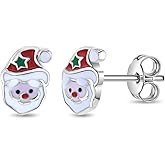 925 Sterling Silver Jolly Christmas Santa Claus Standard Push Back Earrings For Young Girls & Preteens - Multicolored Christmas Earrings For Children - Happy Santa Earrings