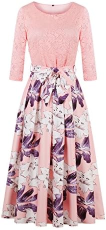 Women's Vintage 1950s 3/4 Sleeve Lace Floral Printed Cocktail Evening Dress (S, Pink)