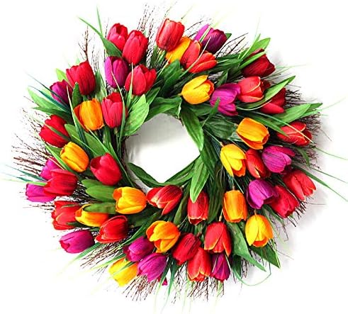 BOI Artificial Flower Wreath, 17.7" Handmade Silk Tulip Wreaths Spring Front Door Wreath for Home Wedding Decoration