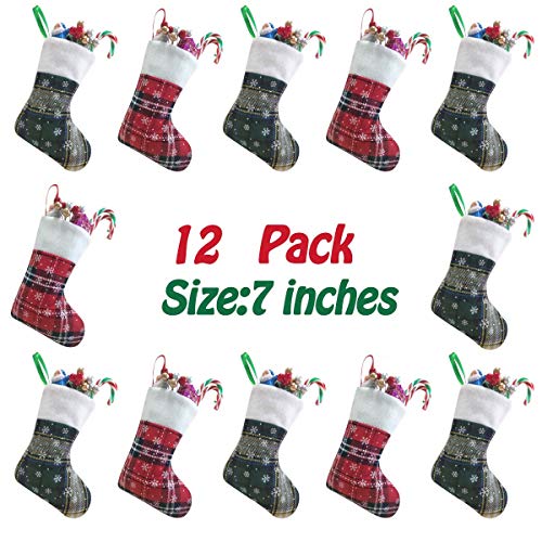 Vanteriam 7 inch Mini Christmas Stockings 12 Pack, Rustic Personalized Red and Green Plaid Design with Snowflake and Fleece Cuff, Great Addition to Holiday Decorations & Seasons Decor