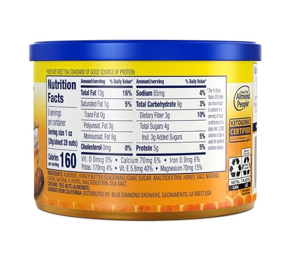 BLUE DIAMOND ALMONDS, SNACK NUT FLAVORED HONEY BUTTER PERFECT FOR ON-THE-GO AND SNACKING, 6 OUNCE CAN