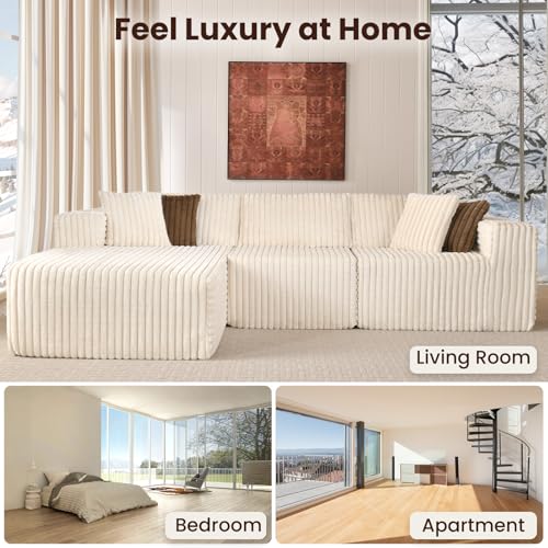 Fantico 108" Modular Sectional Sofa - Premium Cream Corduroy, Cloud-Like Foam & Anti-Slip Design | Effortless Setup for Living Room & Apartment