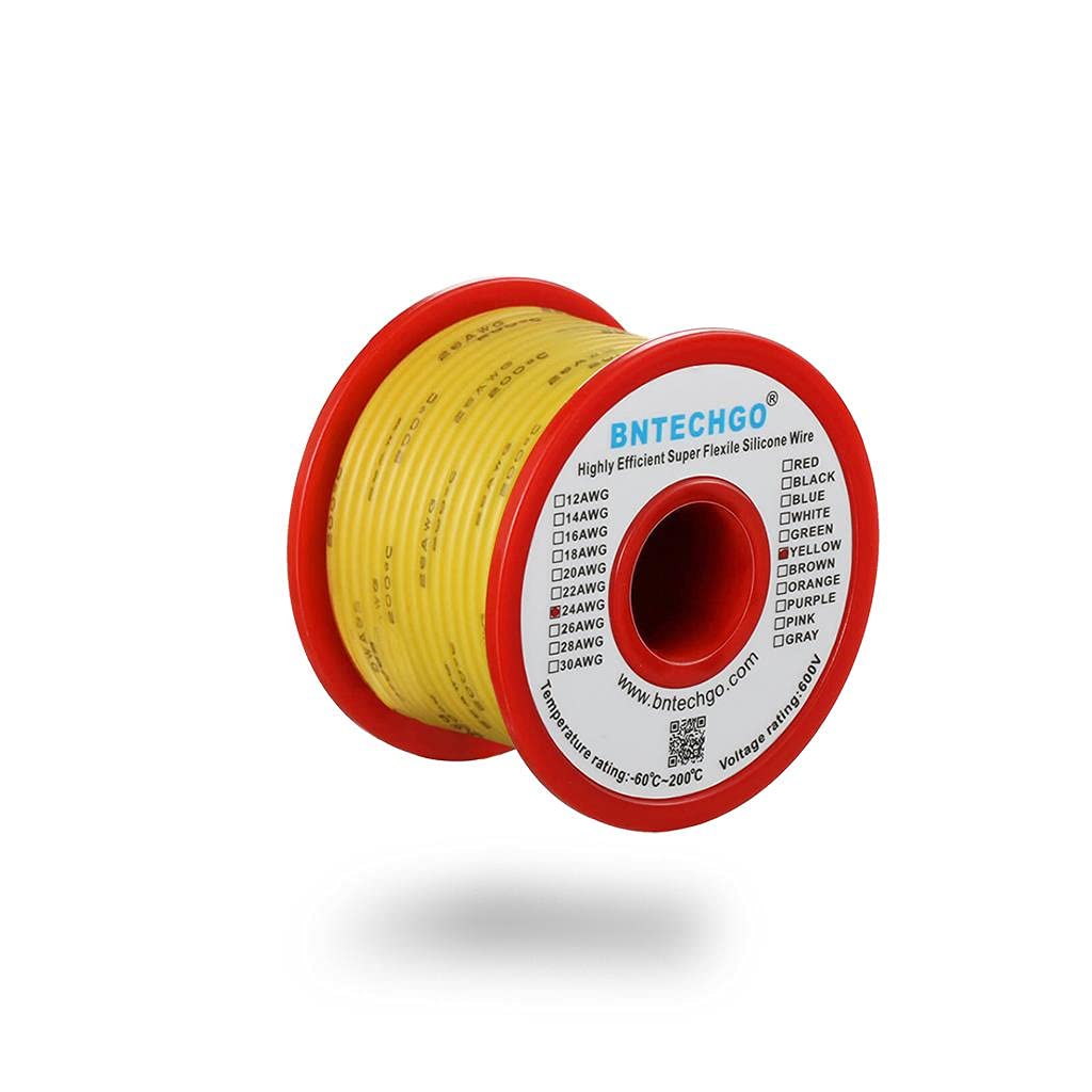 BNTECHGO 24 Gauge Silicone Wire Spool Yellow 50 ft Ultra Flexible High Temp 200 deg C 600V 24 AWG Silicone Rubber Wire 40 Strands of Tinned Copper Wire Stranded Wire for Model Low Impedance