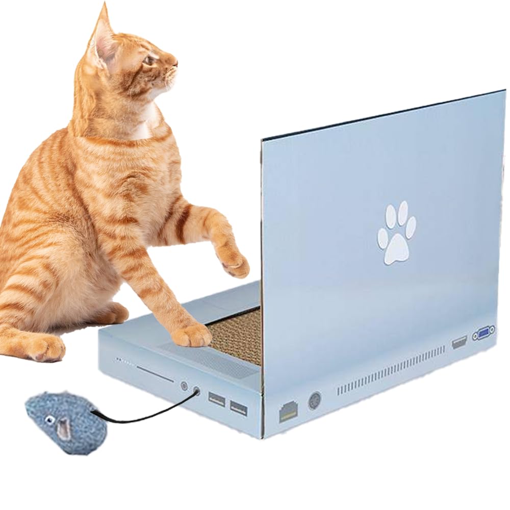 Photo 1 of Laptop Scratcher Cat Toy - Laptop Cat with Fluffy Mouse - Premium Cardboard Cat Scratcher - Cat Interactive Toys - Kitten Toys & Cat Scratch Pads