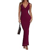 REORIA Women's Summer V Neck Sleeveless Wedding Guest Maxi Dress Sexy Mesh Bodycon Long Dresses