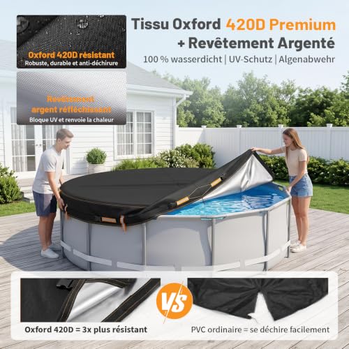 Round Pool Cover 366 cm Kit with Pool Cushion, 6 Hydrated Weight Bags | 420D Oxford UV Protection Overground Swimming Pool Cover with Clip Buckles and Drawstring