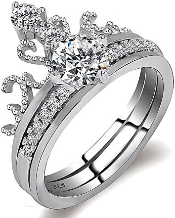 2PCS S925 Sterling Silver Plated Engagement Wedding Crown Ring Princess Cut Cubic Zirconia Ring Jewelry Sets for Women, Mothers Day Gifts