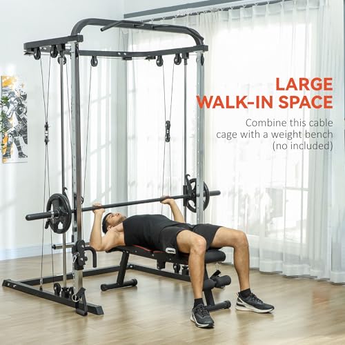 Soozier 3 in 1 Smith Machine, Multi-Functional Power Cage with Cable Crossover System, Pull up Station, 16-Level Squat Rack and Barbell Bar, Home Gym Machine