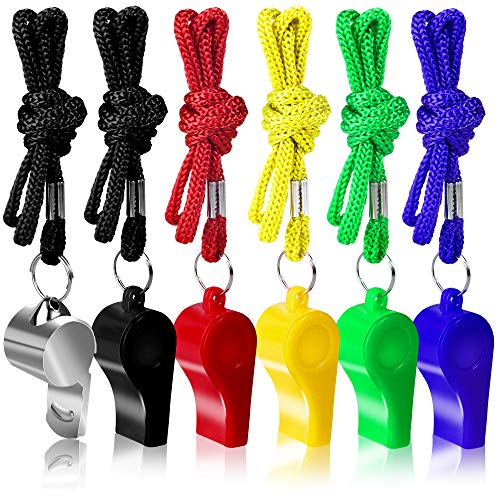 Hicdaw 6 Packs Whistle Sports Coach Whistles Loud Whistles with Lanyard 5 Colorful Plastic and 1 Stainless Steel Metal Whistles for Coaches, Referees and Officials