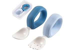 HIWOOD Baby Self Feeding Training Spoon and Fork Set with Travel Case, BPA-Free Cute Circle Toddler Training Utensils, Silicone/ABS Great Tableware Set Spoons Fork for Kids(Blue & Light blue)