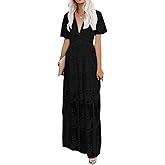 amropi Womens Deep V Neck Short Sleeve Floral Lace Dress Long Bridesmaid Maxi Dresses