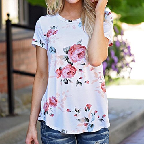 YANG-YI Women Short Sleeve Flower Printed Blouse Round Neck Casual T-Shirt (S)