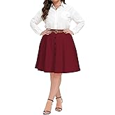 Moon Wood Women Plus Size Midi Skirt Vintage High Waist A-line Casual Skirts with Pockets