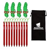 Geertop 10 Pack Aluminum Tent Stakes with Rope + 4 Pack 4mm Tent Guy Lines Reflective with Cord Adjuster Ultralight Sturdy Camping Stakes & Tent Tarp Rope for Hiking Hunting Outdoor Activity - Red