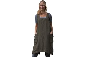 LARMLISS Women’s Pinafore Square Apron Baking Cooking Gardening Works Cross Back Cotton/Linen Blend Dress with 2 Pockets