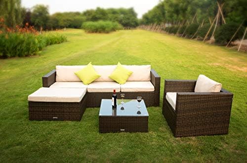 VANERUM 6 Piece Outdoor Rattan Sectional Sofa- Patio Wicker Furniture Set&Modern Glass Coffee Table(Brown) | Use for Patio,Backyard,Deck,Pool | Incl.Tan Cushions & Seats