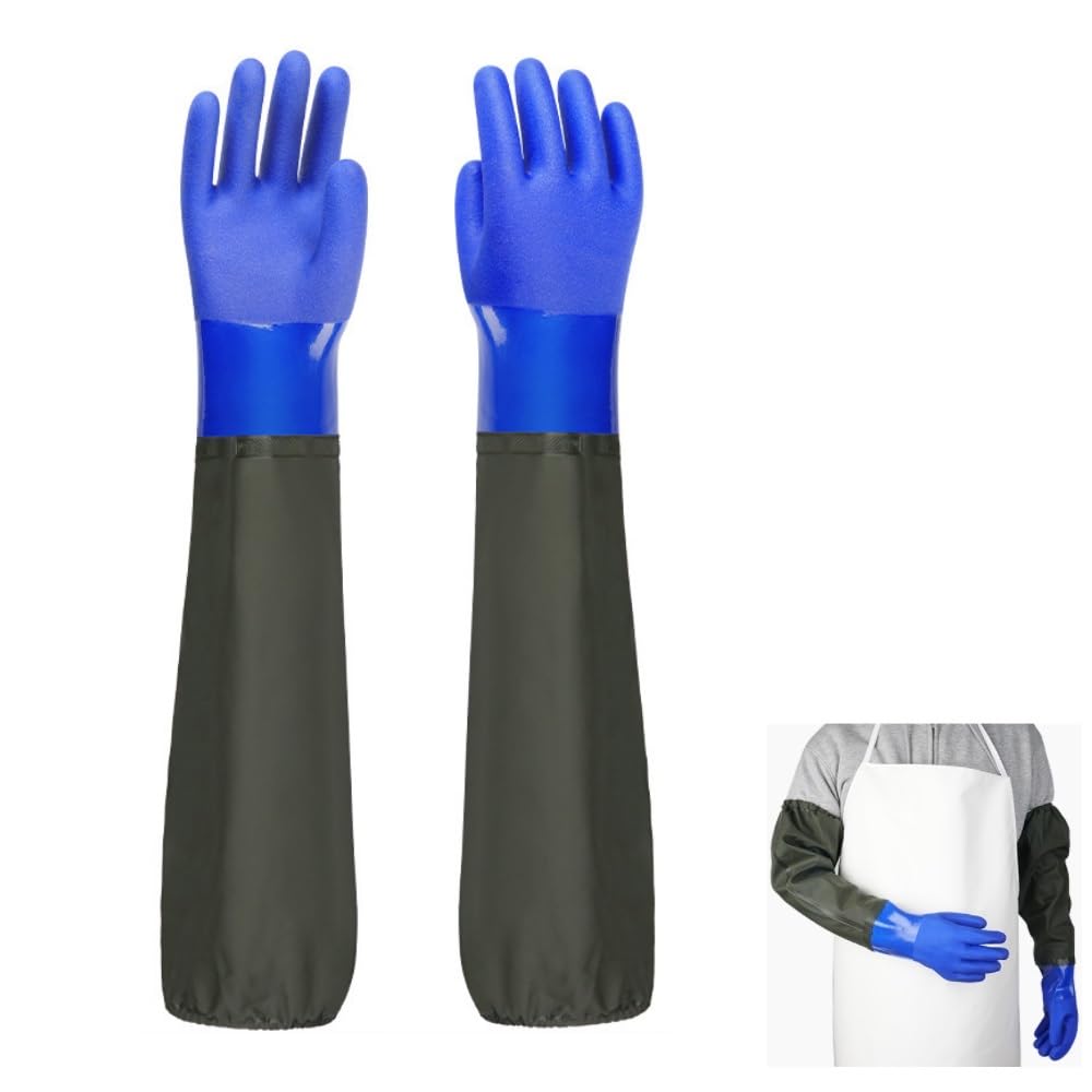 YIOIY Pond Gloves, Extra Long Drain Cleaning Gloves, Waterproof Sleeve Gloves, Full Arm Gloves for Men Women (Blue, Gauze Lining)
