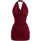 SOLY HUX Women's Halter Mini Dress Ruched Draped Cowl Neck Sleeveless Backless Bodycon Party Dresses
