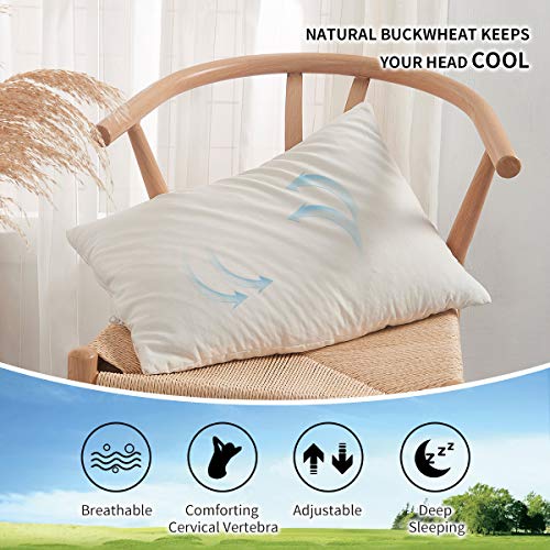 Lofe Buckwheat Hull Pillow for Sleeping with Organic Cotton Cover, Adjustable Loft of Premium Fiber Layer, Japanese Size(14x20), Breathable for Cool Sleep, Cervical Support for Back and Side Sleepers - Thumbnail 6