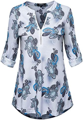 DILISHA Women's 3/4 Sleeve Zipper V Neck Shirts Casual Blouses Tunic Tops