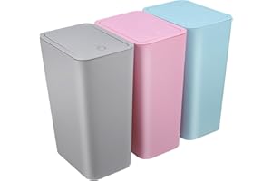 KSSVZZ 3 Pack Small Bathroom Trash Can with Lid - 10L/2.6 Gallon Slim Garbage Bin, Dog Proof Trashcan, Plastic Wastebasket for Kitchen/Bedroom/Office/Dorm, Fits Under Sink/Desk/Cabinet (Pink&Blue&Grey)