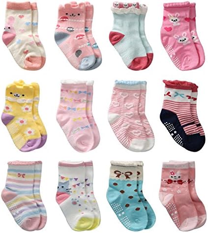 12 Pairs Toddler Girl Non Skid Socks Cute Cotton with Grips, Baby Girls Anti-skid Socks