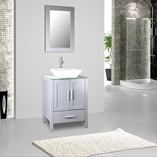 24" Grey Bathroom Vanity Cabinet and Sink Combo Glass Top MDF Wood w/Sink Faucet &Drain set - Thumbnail 2