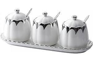 Magnitt Porcelain Condiment Jar Spice Container with Lids, Spoon and Tray, Set of 3,Modern Spice Box Seasoning Jar for Your Home, Kitchen, Counter (White silver)