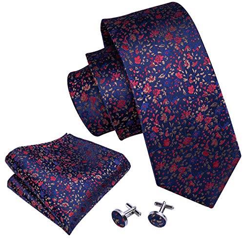 Men Ties Blue and Red Floral Silk Necktie Set for Wedding Party