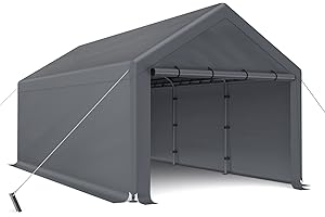 Cecarol C03 10x20FT Heavy Duty Carport, 180G Heat-Sealing All WeatherTarp, 40MPH Windproof, w/Side Tarps for Sandbag Mounting, Detachable Side Walls&Doors (Grey)