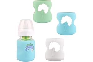 HUAKENER 3 Pack Silicone Sleeves for Dr. Brown's Natural Glass Baby Bottles, Anti Breakage Baby Bottle Holder, Compatible Dr. Brown Wide-Neck Glass Baby Bottles 5 oz (White+Blue+Green)