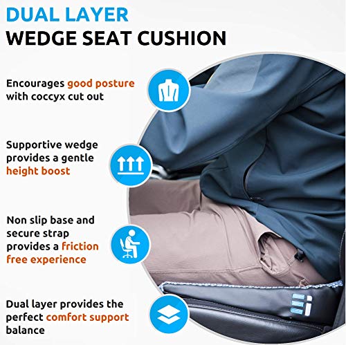 Memory Foam Car Seat Cushion: Breathable, Non Slip, Dual Layer Memory and Polyurethane Lumbar Support Pad; Orthopedic, Coccyx, Pelvic, and Sciatica Pain Relief Wedge for Cars Trucks and Office Chairs