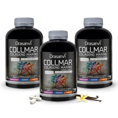COLLMAR Colágeno Marino Hidrolizado 3.900 mg + Magnesio + Ácido Hialurónico | Suplemento para Articulaciones, Piel & Huesos | 3 × 180 Comprimidos | Sabor Vainilla