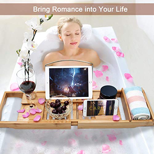 Bathtub Caddy Tray Bath Table with Extending Sides, Bamboo Bath Tub Trays Tablet with Wine and Book Holder , Cell phone Tray and Wine Glass Holder