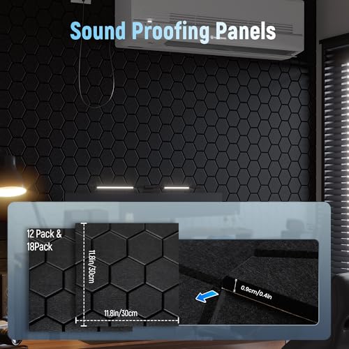Sound Proofing Panels with Acoustic Foam - Acoustic Wall Panels Self Adhesive for Soundproofing- Black Hexagon Sound Proof Noise Cancelling - Sound Absorbing Panels for Gaming Room Studio 12 Pack