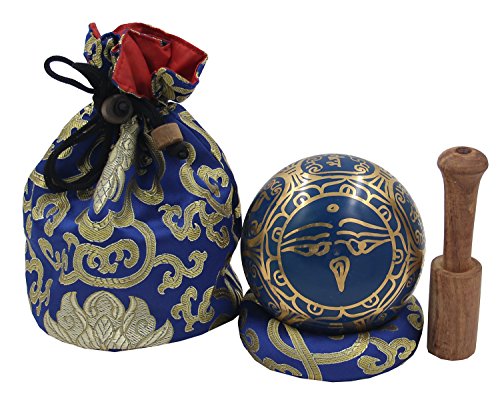 DharmaObjects ~ Tibetan OM MANI Singing Bowl Set ~ With Mallet, Brocade Cushion & Carry Bag ~ For Meditation, Chakra Healing, Prayer, Yoga (Blue)