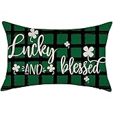 ONWAY St Patricks Day Green Buffalo Plaid Lumbar Pillow Cover 12x20 Shamrock Clover Lucky Blessed Decorative Farmhouse Cushion Case for Sofa Couch Home Bed Decor