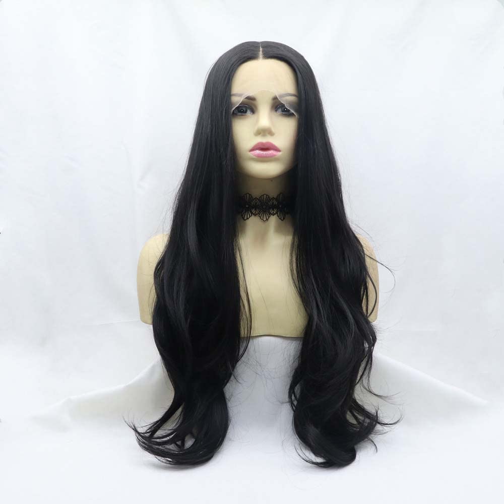 Xiweiya Wigs Synthetic Black Lace Front Wigs Long Wavy Hair Heat Resistant Fiber Black Cheap Wigs (Black)
