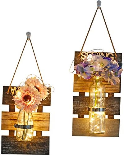 KELUNIS 2019 Hanging Mason Jar Sconces with LED Fairy Lights, Mason Jar Lights,Rustic Home Decor,wedding decor,Valentine's gift (Set of 2)