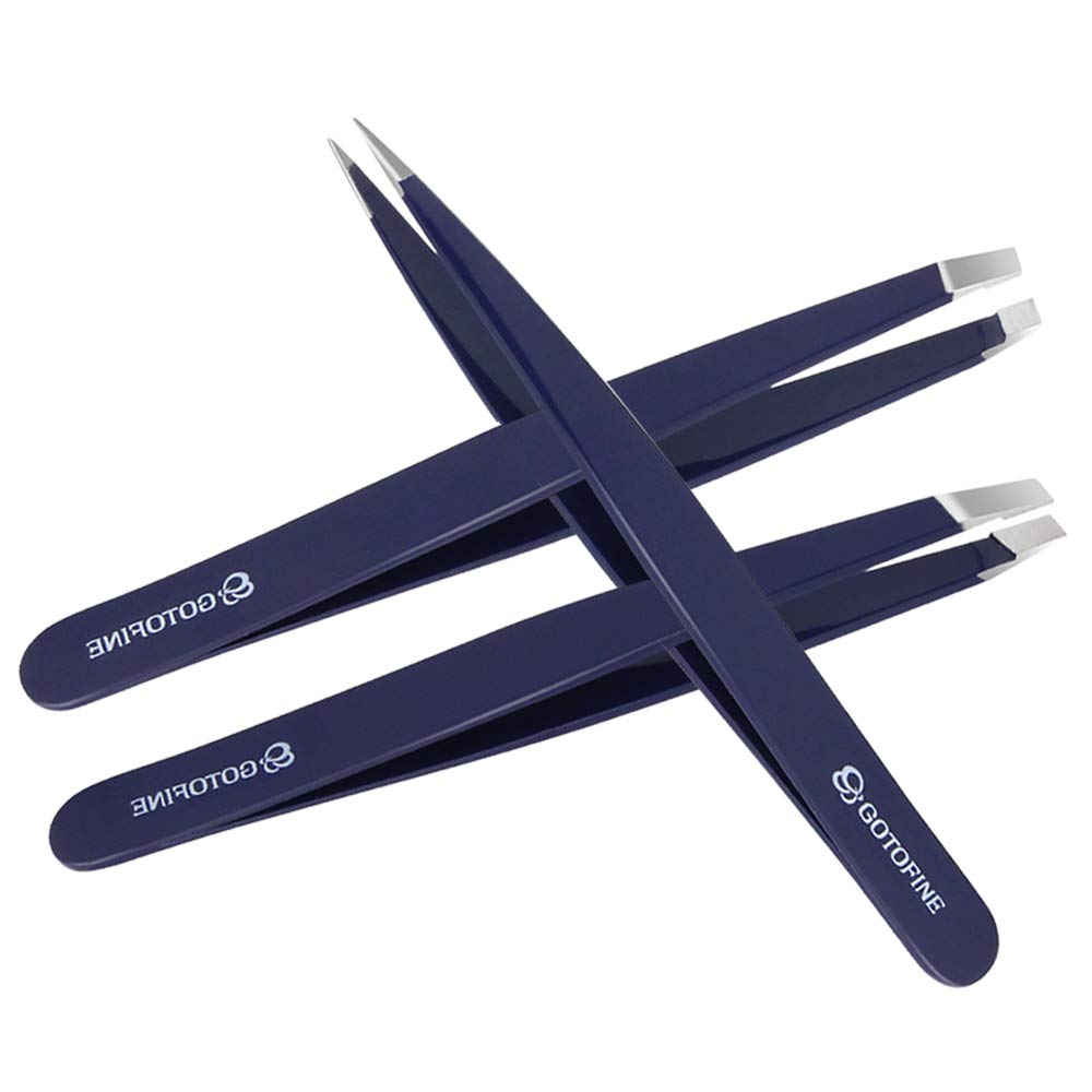 Gotofine Stainless Steel Tweezers Set of 3, Flat/Slant/Pointed, Eyebrow Plucking Strong Grip & Ultimate Precision, Includes Leather Carry Case