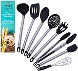 Kitchen Eight Five Set of 8 Kitchen Utensils- Nonstick, Heat Resistant Stainless Steel & Silicone Cooking Spatulas- Includes Tongs, Serving Spoon, Pasta Server, Ladle, Whisk, 2 Spatulas, Strainer