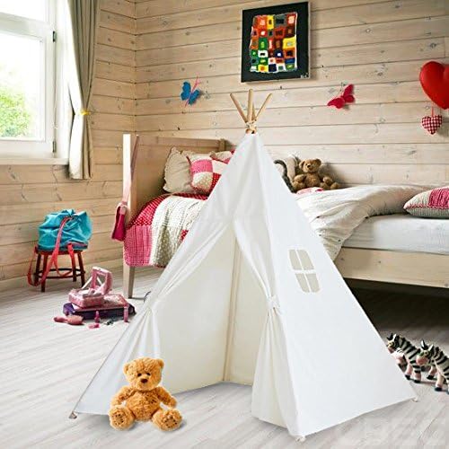 Children's Canvas Teepee Playhouse Tent - 100% Cotton - New Zealand Pine Wood Pole Imported (White)