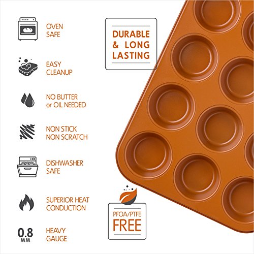 Ceramic Coated Copper Muffin Pan 12 Cup - Premium Nonstick, Even Baking, Dishwasher and Oven Safe - PTFE/PFOA Free -Red Cookware and Bakeware by Bovado USA - Thumbnail 4