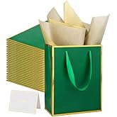 UoeRing 25 Pack Thank You Gift Bags with Handles 9.5x7.5x3.75 inch Gift Bags Medium Size Gift Bag with Tissue Paper and Card for Wedding Birthday Bridesmaid Holidays Mother's Day (Green Gold)