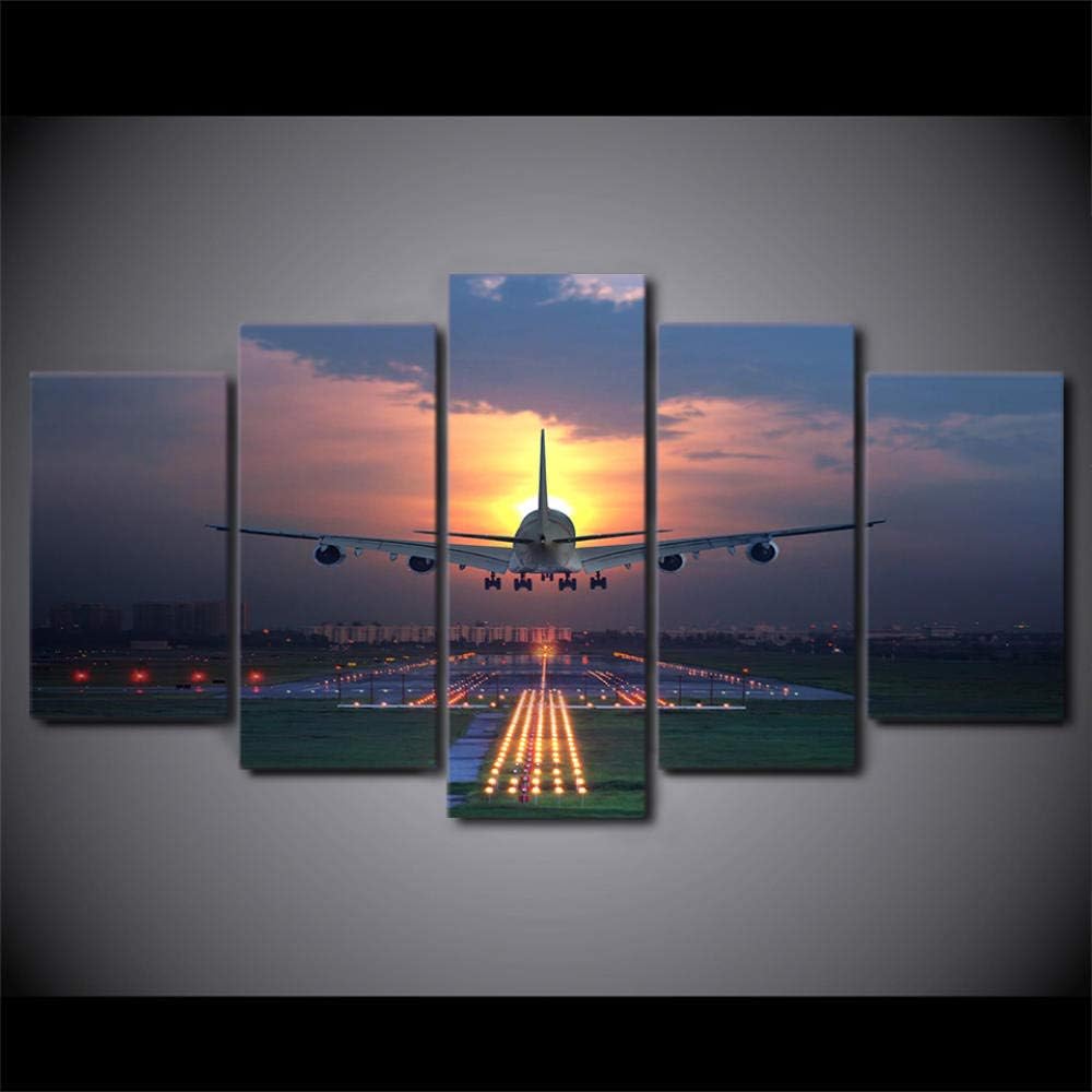 YUANSAHN Prints On Canvas Canvas Wall Art Pictures Frame 5 Pieces Sunset Airplane Lawn Airport Paintings Poster Modular Home Decor Living Room