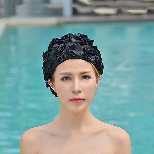 Women Flower Petal Swim Caps Vintage Swimwear Retro Bathing Cap Long Hair Swimming Hat Black - Thumbnail 2